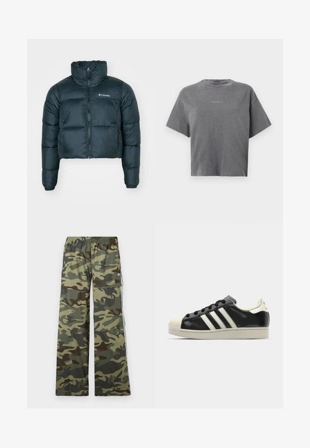 Jachetă puffer verde închis, scurtă, cu guler înalt, fermoar complet și manșete elastice. Prezintă un logo pe partea stângă a pieptului și o textură matlasată.; Tricou scurt cu mâneci scurte, gri, croppat, cu guler rotund și un mic logo alb "carhartt" centrat în față.; Pantaloni cargo cu model camouflage în nuanțe de verde și maro, cu un design cu picioare largi, talie elastică și buzunare laterale cu dungi.; Sneaker din piele neagră cu dungi albe, vârf din cauciuc, șireturi negre și talpă de culoare crem. Textură netedă cu finisaj strălucitor.