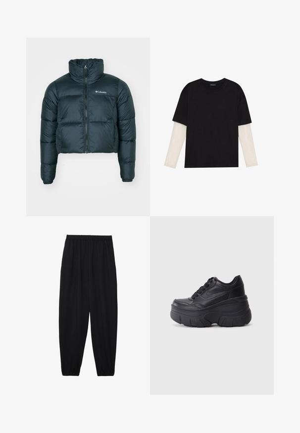 Tmavo zelená skrátená pérová bunda s vysokým golierom, plným zipsom a elastickými manžetami. Obsahuje logo na ľavom prsnom vrecku a prešívanú textúru.; Čierne tričko z bavlny, s krátkymi rukávmi cez biele tričko s dlhým rukávom, s jemným textúrovaným vzorom. Design s okrúhlym výstrihom.; Čierne, ľahké nohavice s elastickým pásom a zúženými nohavicami. Tkanina je hladká a má voľný, zúžený strih.; Čierne šnurovacie tenisky s hrubou podrážkou, s hladkým koženým zvrškom, okrúhlou špičkou a charakteristickým vrstveným dizajnom platformy.