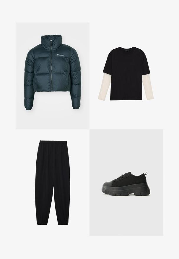 Chaqueta acolchada corta de color verde oscuro con cuello alto, cremallera completa y puños elásticos. Presenta un logo en el lado izquierdo del pecho y una textura acolchada.; Camiseta negra de algodón, con mangas cortas sobre una capa blanca de manga larga con un patrón texturizado sutil. Diseño de escote redondeado.; Pantalones negros, ligeros, con cintura elástica y tobillos fruncidos. La tela es suave y presenta un diseño relajado y ajustado.; Zapatillas negras con suela de goma gruesa, parte superior de tela texturizada, punta redonda y diseño con cordones. Presenta ojales reforzados y tirador en la parte trasera.