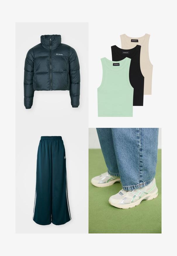 Giacca puffer corta di un verde scuro, con colletto alto, zip completa e polsini elasticizzati. Presenta un logo sul lato sinistro del petto e una texture trapuntata.; Tre canotte in verde menta, nero e beige; realizzate in tessuto a coste con scollatura rotonda e senza maniche. Etichetta del brand visibile.; Pantaloni della tuta ampi blu petrolio con vita elastica, caratterizzati da tre strisce bianche lungo i lati e un logo Adidas sul lato sinistro.; Sneaker bianco e argento in mesh con accenti verdi indossati con jeans blu larghi, in piedi su un pavimento verde in moquette.