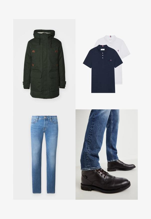 Zelená nepromokavá parka s kapucí podšitou kožešinou, dvěma velkými předními kapsami, hnědými koženými detaily a nastavitelnými šňůrkami.; Dvě polo trička: jedno námořnické modré a jedno bílé, obě s malým červeným, bílým a modrým akcentem na kapse a límci.; Světle modré džíny z denimu se střihem rovného nohavice, s knoflíkovým a zipovým zapínáním, pěti kapsami a jemným vyblednutím.; Hnědé kožené kotníkové boty s hladkou texturou, šněrovacím designem a kulatou špičkou; kombinované s modrými džíny v klasickém střihu.
