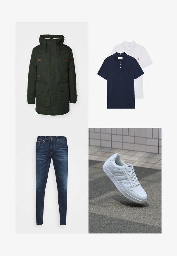 Grønn vanntett parkas med hette foret med pels, to store frontlommer, brune lærdetaljer og justerbare snorer.; To polo skjorter: en marineblå og en hvit, begge med en liten rød, hvit og blå aksent på brystlommen og kragen.; Mørkeblå denimjeans med smal passform, subtil falming, fem lommer og metallknaplukking. Sømmer i kontrastfarge.; Hvit atletisk sneaker med glatt skinnoverside, snøring foran, perforert tå og mønstrets såle. Minimalistisk design med tre side-striper.