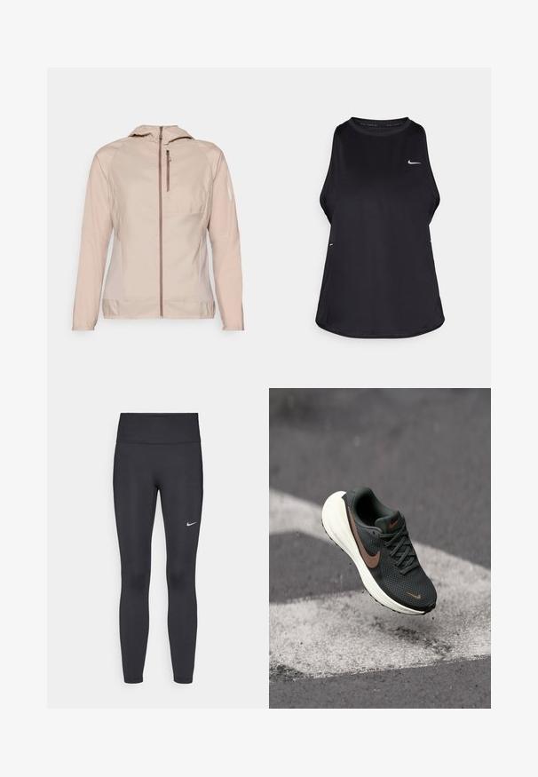 Salomon BONATTI CROSS - Spordijope - etherea; Must have musta vaba varrukaga jooksu särk, mis on valmistatud kergest materjalist, ümar kaelus; sisaldab diskreetset logo ja külgmisi lõhesid, et tagada hingavus.; Mustad mustadest leggingid, mis on valmistatud venivast kangast, kõrge vöökoha ja valge Nike logo abil vasakul reiel. Sile tekstuur, keha järgiv disain.; Must musta jooksv kingad musta võrkmaterjaliga pealisosa, pruuni Nike logo ja valge pehmendusega tald, rippumas halli pinna kohal.