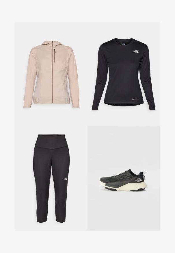 Salomon BONATTI CROSS - Løbejakker - etherea; The North Face SHADOW LONG SLEEVE - Langærmet T-shirt - black; Sorte capri leggings lavet af strækbart stof, med en høj talje og et lille hvidt logo på venstre side. Glat tekstur.; Sort atletiksko med en tekstureret overdel, prydet med grå accenter og en hvid mellemsål. Inkluderer en trækslynge og en fremtrædende mærkelogo på hælen.