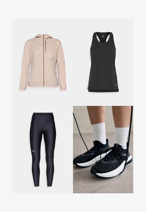 Salomon BONATTI CROSS - Spordijope - etherea; Must värviline sportlik tank top ümarate kaeluste ja võistlusel seljaga disainiga, valmistatud tekstureeritud kangast. Sisaldab väikest logo alumises paremas nurgas.; Mustad mustad, venitatud materjalist, kõrge vöökoht. Vasakul reie kohal on valge logo ning tihe disain.; Mustad mustad jalanõud tekstuuritud kangast, valge tallaga ja mustade paeltega. Kanna valgete soonikkudega sokkide sisse, seistes helesinisel pinnal.