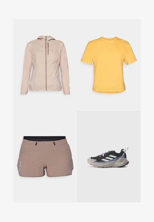 Salomon BONATTI CROSS - Casaco de corrida - etherea; T-shirt amarelo de manga curta com decote redondo, feito de tecido macio. Apresenta um logo discreto no peito e uma bainha reta.; Bermudas bege feitas de um tecido leve, com um padrão texturizado, faixa elástica na cintura com detalhes pretos e dois bolsos laterais.; Sapato atlético preto com parte superior em Gore-Tex, riscas brancas, detalhes em roxo, entressola cinza espessa e sola cinza texturizada para aderência.