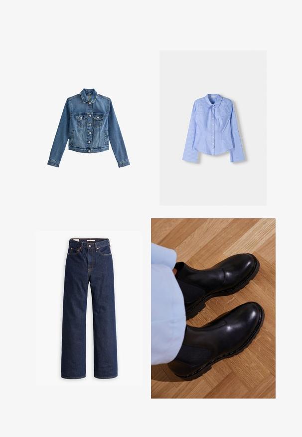 Jeansjacka, blå färg, långa ärmar, knappstängning, två bröstfickor, klassisk krage, något sliten textur, avslappnad design.; Blå och vit randig långärmad skjorta med knäppning, spridd krage, skräddarsydd passform och rundad fåll. Texturerat bomullsmaterial.; Mörkblå raka jeans av denim med fem fickor, orange sömnad och knappstängning.; Svarta ankelskor i slätt läder med elastiska sidopaneler, en texturerad gummisula och kontrasterande sömnad längs kanten.