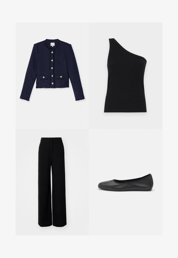 Marineblauwe cropped jacket met een gestructureerde stof, afgewerkte randen en gouden knopen. Beschikt over twee voorzakken en een ronde halslijn.; Zwarte ribbel tanktop met één schouder, met een aansluitend ontwerp en een zachte textuur. Kenmerkt zich door een strakke, minimalistische snit en een soepele halslijn.; Zwarte wijde broek met hoge taille, zachte stof, een sluiting met knopen aan de voorkant en zonder zichtbare zakken, met een aansluitende pasvorm.; Zwarte leren ballerina met een ronde neus, gladde textuur, minimale stikdetails en een flexibele zoolontwerp.