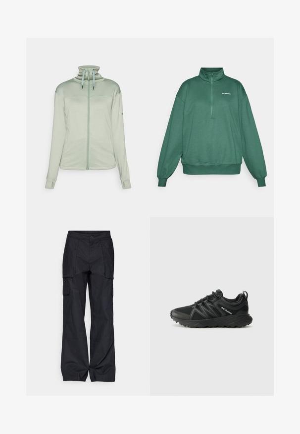 Svijetloplavi zip-up jakna od teksturiranog materijala, sa visokim ovratnikom, rupama za palčeve i trakama na kapuljači.; Zeleni pulover s polu-zipom izrađen od mekog materijala, s postavljenim ovratnikom i elastičnim manžetama. Columbia logo nalazi se na gornjem lijevom dijelu prsnog koša.; Columbia BREA FALLS™ COTTON RIPSTOP PANT - Hlače za otvoreno - black; Columbia PEAKFREAK - Obuća za pješačenje - black
