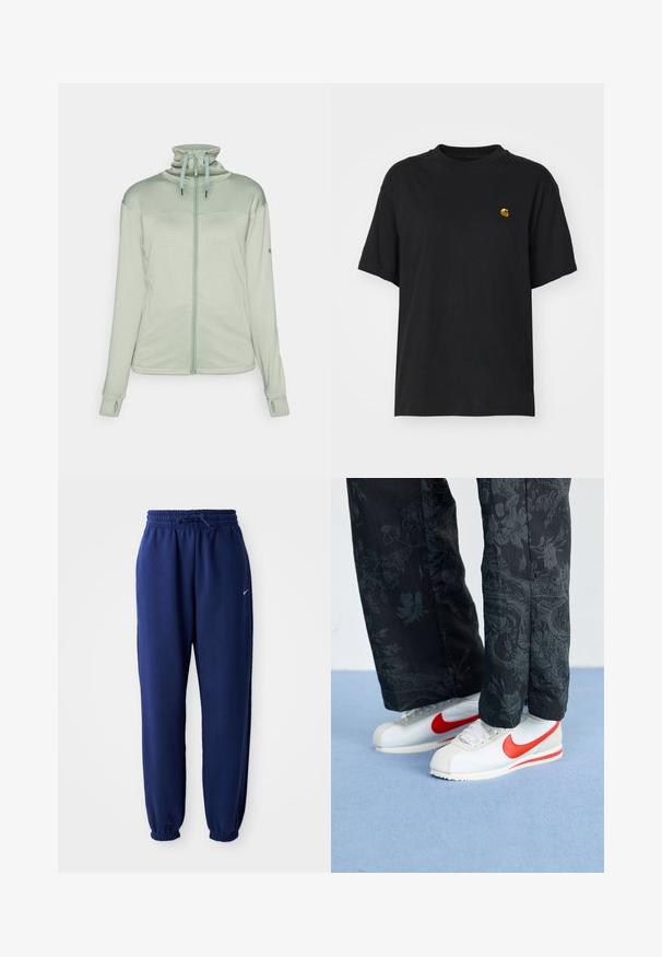 Vaaleanvihreä vetoketjullinen takki, joka on valmistettu teksturoidusta kankaasta. Takissa on korkea kaulus, peukalonreiät ja nyörityksellä varustetut yksityiskohdat hupussa.; Musta puuvillapaita rentolla leikkauksella. Korostaa pyöreää kaula-aukkoa ja lyhyitä hihoja. Sisältää pienen kultavärisen brodeeratun logon rinnassa.; Tummansiniset collegehousut pehmeästä kankaasta, joissa on joustava vyötärönyöri, joustavat hihansuut ja pieni valkoinen logo.; Valkoiset Nike-alkukengät punaisilla yksityiskohdilla, yhdistettynä mustiin housuihin, joissa on kukkakuosi. Pinta on sileä ja tasainen punoskenkä.