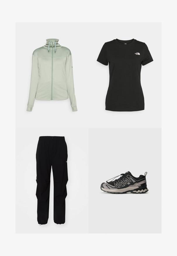 Jasnozielona kurtka zapinana na zamek, wykonana z fakturowanej tkaniny, z wysokim kołnierzem, otworami na kciuki i sznurkami na kapturze.; Czarna bawełniana koszulka z okrągłym dekoltem i krótkimi rękawami. Wyróżniające się białe logo na górnej lewej stronie. Gładka tekstura, luźny krój.; Czarne spodnie na świeżym powietrzu wykonane z wytrzymałego materiału, z luźnym krojem, elastycznym pasem i ściągaczami przy mankietach, umożliwiającymi regulację długości.; Czarno-szare buty sportowe z siateczkową cholewką, gumową podeszwą i elastycznym systemem sznurowania. Posiadają wzmocniony czubek i teksturowane akcenty.