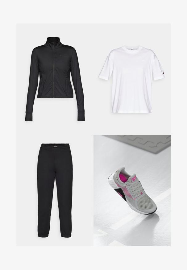 Casaco atlético preto com gola alta, fecho frontal total, mangas longas e bolsos laterais, feito de um material suave e flexível.; T-shirt de algodão branco com decote redondo, mangas curtas e um pequeno logotipo no lado esquerdo do peito. Apresenta um corte descontraído e uma cor sólida.; Champion C-TECH CUFFED PANTS INTERLOCK - Calças de fato de treino - black; Sapatilha atlética Reebok em cinza e rosa com parte superior em malha e sola detalhada, exposta sobre uma superfície branca reflexiva.