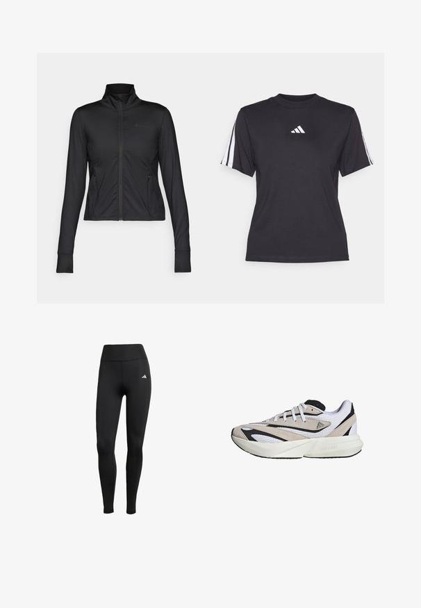 Zwarte sportjack met hoge kraag, volledige ritssluiting, lange mouwen en zijzakken, gemaakt van soepel, flexibel materiaal.; Zwarte sport T-shirt van zacht materiaal, met een ronde hals, korte mouwen en drie witte strepen op elke schouder. Witte logo op de borst.; Zwarte sportleggings met een hoge tailleband. Gemaakt van rekbare stof met een wit logo detail aan de bovenste linkerkant.; Sneaker met een bovenwerk van mesh en suede in beige en wit, met zwarte accenten, een dikke witte tussenzool en ronde veters.