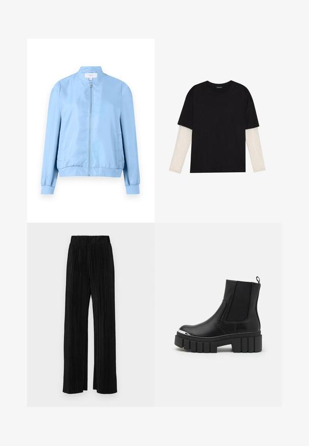Jasnoniebieska kurtka bomberka, gładki materiał, zamek błyskawiczny, ściągacze przy mankietach i u dołu, posiada boczne kieszenie, prosty design bez wyraźnych wzorów.; Czarny T-shirt wykonany z bawełny, z krótkimi rękawami na białej warstwie z długim rękawem z delikatnym teksturowanym wzorem. Projekt z okrągłym dekoltem.; Czarne spodnie plisowane z elastycznym paskiem w talii. Posiadają szerokie nogawki oraz gładki, teksturowany materiał z pionowymi paskami.; Czarne botki za kostkę wykonane z gładkiej skóry, z elastycznymi panelami, grubą podeszwą platformową i metaliczną czubkiem.