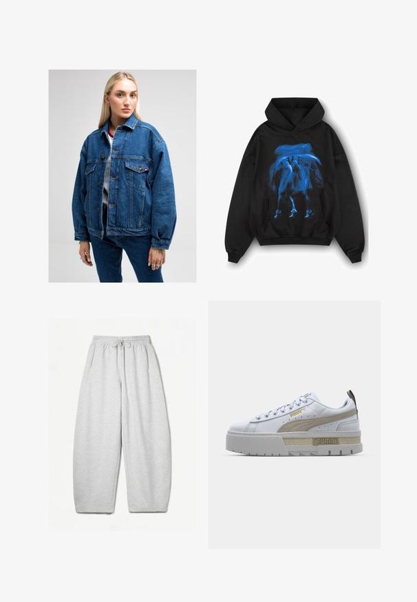 Sininen farkkutakki rennoilla leikkauksilla, kaksi rintataskua, napitus ja kontrastiväriset tikkausniitit. Värin päällä valkoinen t-paita.; Musta huppari, jossa on suuri sininen graafinen kuvasto edessä, kengurupussi ja ribbattuja hihansuita ja helmaa.; Harmaat rentosäärystimet, joissa on rento istuvuus, joustava vyötärö, nyöri ja sivutaskut; valmistettu pehmeästä, teksturoidusta kankaasta.; Valkoiset tennarit, joissa on näyttävä vaaleanruskea raita, paksu harmaa pohja ja kultaiset yksityiskohdat. Ominaisuuksiin kuuluvat pyöreät nauhat sekä teksturoitu kieliosan lipuke, jossa on brändin logo.