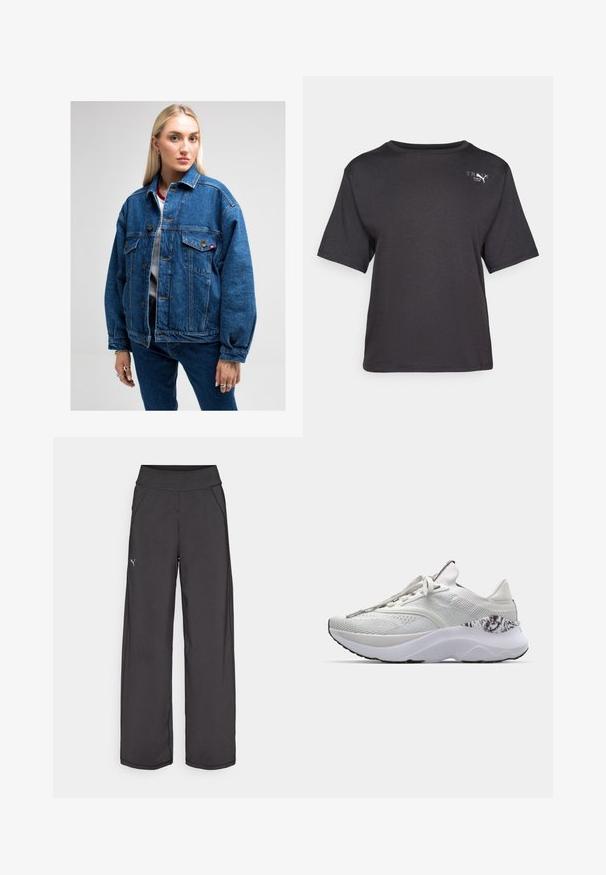 Zils džinsu jaka ar brīvu piegriezumu, divi krūšu kabatas, pogu aizdare un kontrastējoši šuvumi. Uzvilkta virs baltas T-kreklu.; Melnā īsās piedurknes t-krekls, izgatavots no mīkstas auduma, ar apaļu kakla izgriezumu un mazu logotipa detaļu kreisajā augšējā pusē.; Melna sporta bikses ar plašu jostasvietu, sānu kabatām un gludām šuvēm. Uz kreisās kājas ir neliels logotips. Izgatavotas no gludas, elastīgas auduma.; Baltas sporta apavs ar teksturētu virsmu, noapaļotu purngalu un mīkstu zoli. Izceļas ar rakstainu akcentu tuvāk papēdim un taisnām auklām.