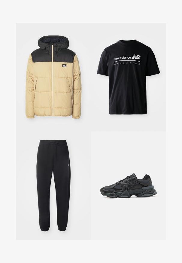 Foerjakke med en beige krop og sorte skuldre. Har hætte, frontlynlås og sidelommer. Blød tekstur og quiltet mønster.; Sort bomulds T-shirt med rund halsudskæring, korte ærmer og hvidt tekstgrafik med "new balance" og "ATHLETICS" på forsiden.; Sorte sweatpants lavet af blødt materiale med elastisk talje, snore og indsnævrede manchetter, med et diskret logo på siden.; Sorte løbesko med en blanding af mesh og syntetiske materialer, kraftig sål, buet design og fremtrædende branding på siden.
