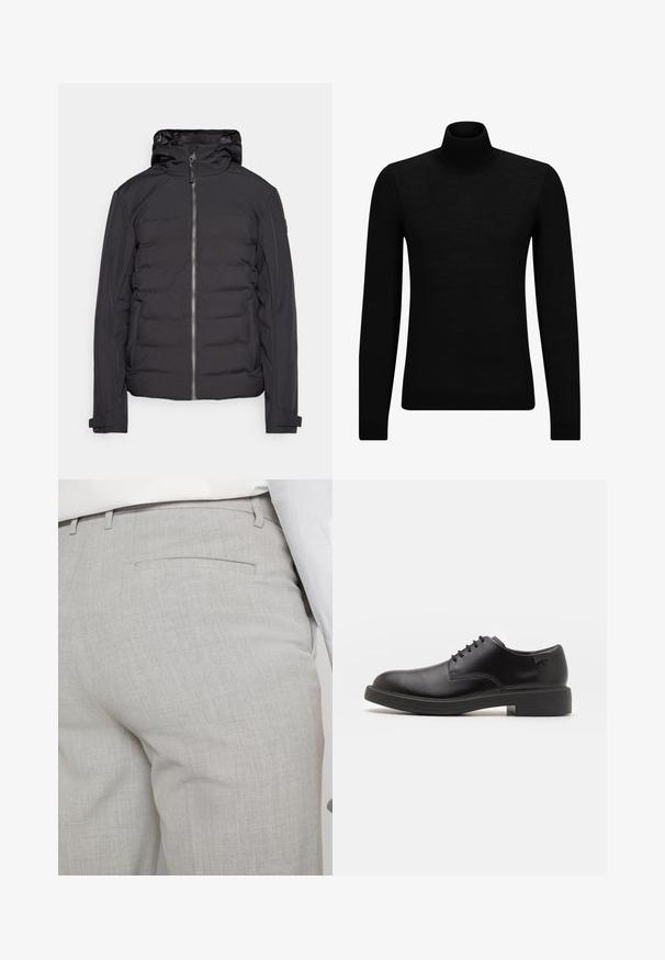 Černá prošívaná bunda s předním zipem, kapucí a dlouhými rukávy. Má hladkou strukturu a elegantní, moderní design.; Černý rolák vyrobený z měkkého materiálu, s dlouhými rukávy a těsným střihem. Hladký lem na spodním okraji a manžetách. Jednoduchý design.; Světlounce šedé kalhoty na míru z texturované látky, s jednou zadní kapsou a čistým prošitím.; Černé kožené šněrovací boty s kulatou špičkou, hladkým povrchem, minimálním prošíváním a nízkým gumovým podpatkem. Logo na patě.