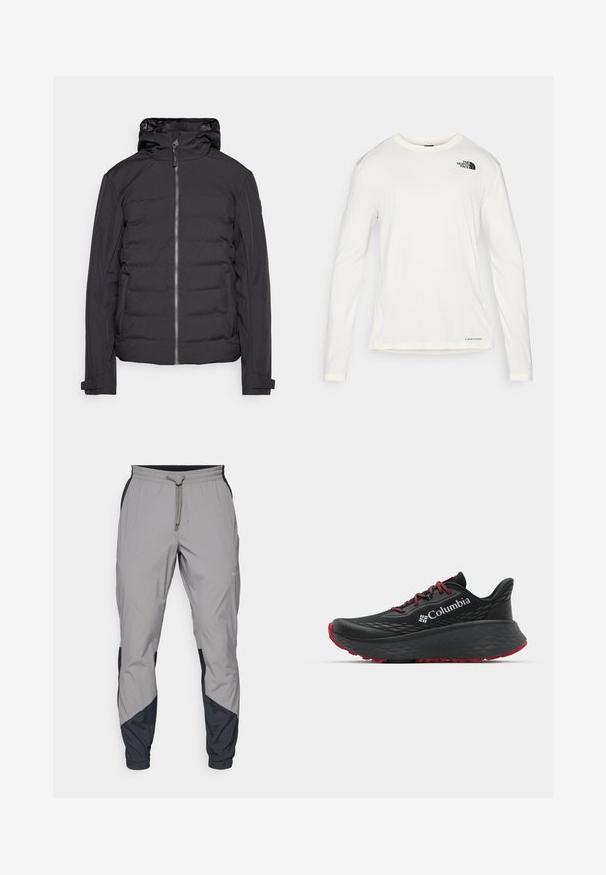 Juodas pūkuotas švarkas su užtrauktuku priekyje, gobtuvu ir ilgomis rankovėmis. Pati švarko struktūra tvirta, o dizainas modernus ir stilingas.; Balta ilga rankove marškiniai su apvalia iškirpte, tekstūruota medžiaga, juodas logotipas kairėje petyje ir subtilus prekės ženklas apačioje.; Lengvas, pilkos sportinės kelnės su juodais akcentais. Elastingas juosmuo, raišteliu užsegimas, siaurėjantis kojų dizainas ir šoninės kišenės.; Juodas sportinis batelis su tekstūruota viršutine dalimi, raudonais raišteliais ir logotipu. Storas padas su raštuotu protektoriu traukai. Minimalistinis dizainas, šoninis vaizdas.