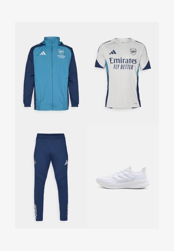 Leichte, wasserdichte Jacke mit einer türkisfarbenen Front und navyblauen Ärmeln, ausgestattet mit einem Reißverschluss, Kapuze und Logo-Akzenten auf der Brust.; Weißes Kurzarm-Trikot mit dunkelblauen Akzenten und hellblauen Seiten. Auf der Vorderseite prominent mit "Emirates FLY BETTER" und dem Vereinslogo.; Marinefarbene Sporthosen mit elastischem Bund, tailliertem Bein-Design, silbernem Logo auf dem Oberschenkel und auffälligen drei Streifen am unteren Bein.; Weiße Sportschuhe mit einem strukturierten Mesh-Obermaterial, einer stützenden gepolsterten Sohle und einem drei Streifen-Design an der Seite.