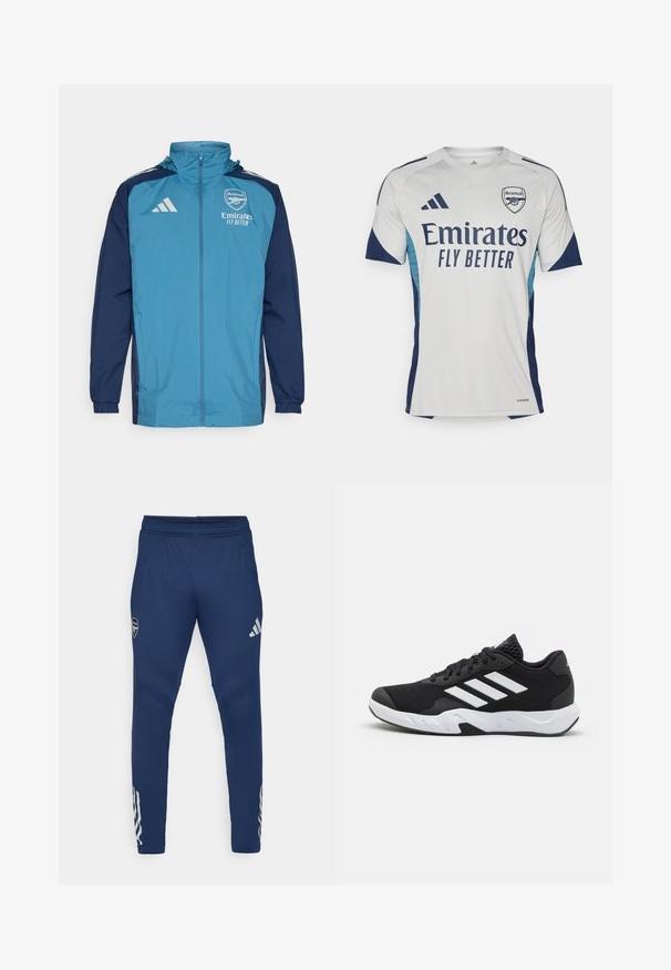 Lett og vanntett jakke med teal front og marineblå ermer, med glidelås, hette og logo detaljer på brystet.; Hvit t-skjorte med korte ermer og marineblå detaljer samt lyseblå sider. Har "Emirates FLY BETTER" tydelig fremhevet på fronten og klubbens logo.; Marineblå treningsbukser med elastisk liv, innsvingt ben-design, sølvlogo på låret, og karakteristisk tre-stripes detaljer nederst på benet.; Sorte joggesko med teksturert mesh-overdel, hvite aksentstriper, en polstret såle og en forsterket hæl for støtte.