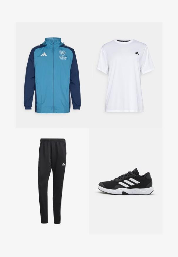 Leichte, wasserdichte Jacke mit einer türkisfarbenen Front und navyblauen Ärmeln, ausgestattet mit einem Reißverschluss, Kapuze und Logo-Akzenten auf der Brust.; Weißes sportliches T-Shirt mit kurzen Ärmeln, aus feuchtigkeitsableitendem Material. Mit einem schwarzen Logo auf der linken Brust und einem gemusterten Innenkragen.; Schwarze Sporthose mit einem dehnbaren Bund, weißen Seitenstreifen und einem kleinen weißen Logo auf dem Oberschenkel. Hergestellt aus einem glatten, leichten Material.; Schwarze Sportschuhe mit einem strukturierten Mesh-Obermaterial, weißen Akzentstreifen, einer gepolsterten Sohle und einer verstärkten Ferse für Unterstützung.