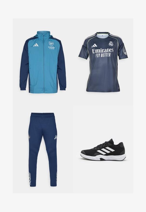 Lightweight waterproof jacket with a teal front and navy sleeves, featuring a zip closure, hood, and logo accents on the chest.; Navy blue soccer jersey made of smooth fabric features light green accents, short sleeves, and the logo "Emirates FLY BETTER" prominently displayed.; Navy athletic pants with an elastic waistband, tapered leg design, silver logo on the thigh, and distinctive three-stripe detailing on the lower leg.; Black athletic shoes with a textured mesh upper, white accent stripes, a cushioned sole, and a reinforced heel for support.