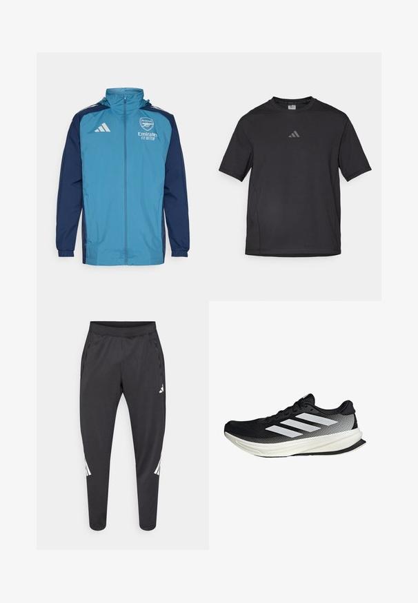 Lagani vodootporni jakna s tirkiznom prednjom stranom i tamnoplavim rukavima, koja ima zatvaranje na patentni zatvarač, kapuljaču i logotip na prsima.; Crna atletska majica od prozračnog materijala, s kratkim rukavima, okruglim izrezom i reflektirajućim logotipom na prsima.; Crne sportske hlače suženih nogavica, s elastičnim pojasom, bočnim džepovima te bijelim logom i prugama kao detaljima. Izrađene od glatkog, laganog materijala.; Crna atletska cipela s mrežastim dizajnom, koja ima bijele pruge, zaobljeni vrh i teksturiranu potplate za prianjanje i potporu.