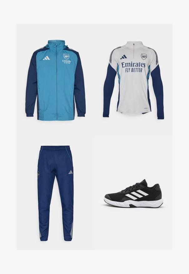 Leichte, wasserdichte Jacke mit einer türkisfarbenen Front und navyblauen Ärmeln, ausgestattet mit einem Reißverschluss, Kapuze und Logo-Akzenten auf der Brust.; Weißes Langarm-Jersey mit marineblauen Akzenten, halber Reißverschluss am Kragen, versehen mit dem Logo "Emirates Fly Better" und dem Vereinswappen von Arsenal.; Marineblaue Jogginghosen aus leichtem Material, mit blauen Akzenten, Logo-Patch und drei weißen Streifen entlang der Unterschenkel.; Schwarze Sportschuhe mit einem strukturierten Mesh-Obermaterial, weißen Akzentstreifen, einer gepolsterten Sohle und einer verstärkten Ferse für Unterstützung.