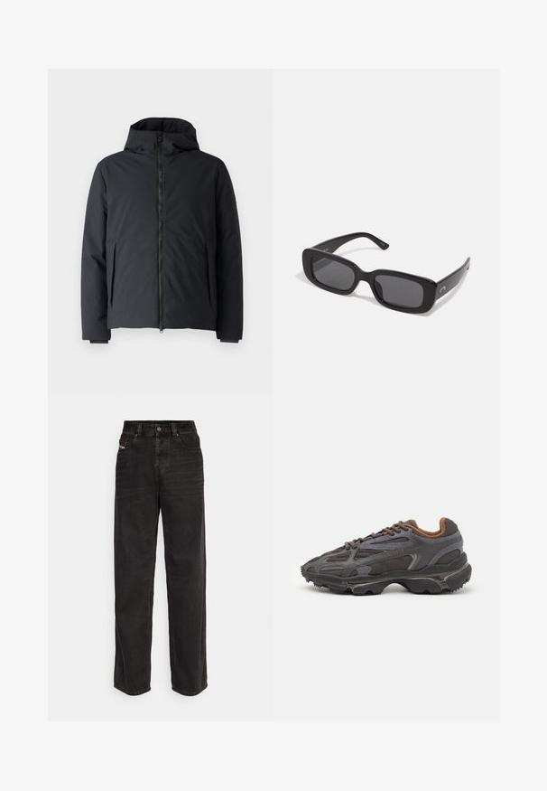 Black insulated jacket with a zip-front opening, adjustable hood, and side pockets. The material is smooth and matte, with a structured fit.; Black long-sleeve t-shirt made of cotton, featuring a round neckline and a small green embroidered crocodile logo on the left chest.; Black denim wide-leg pants with a high waist, front button closure, two side pockets, and subtle stitching details.; Lacoste sneakers in dark gray with mesh and synthetic material, featuring a textured sole and brown accents on the collar and branding.; Black rectangular sunglasses with dark lenses, smooth plastic frames, and wide arms. Subtle branding on the side.