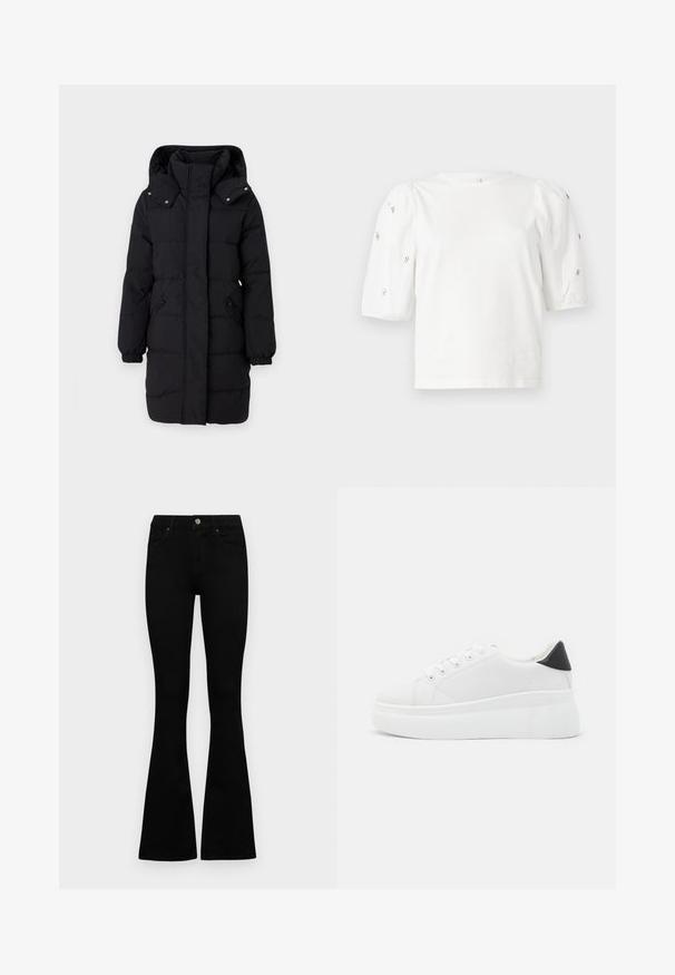 JDY JDYAJA - Ziemas mētelis - black; Balta kokvilnas t-kreklu ar īsām puff piedurknēm, ar nelieliem sudraba rotājumiem gar piedurknēm. Klasisks apaļš izgriezums, brīvā piegriezuma.; Melni augsta jostas šorti ar pogu un rāvējslēdzēju, priekšējām kabatām un izplestām kājām, nolikti uz balta fona.; Baltas platforma kedas, izgatavotas no gludas sintētiskas vielas, ar noapaļotu purngalu, saites dizainu un teksturētu gumijas zoli. Melna papēža akcenta detaļa.