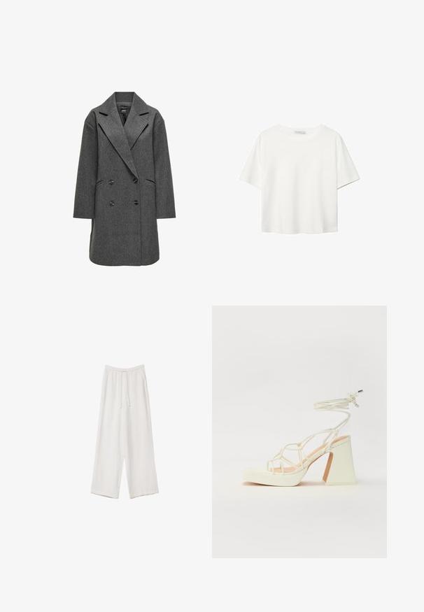 ONLY ONLBLAKE OVERSIZE COAT - Klassinen takki - dark grey melange; Valkoinen lyhythihainen T-paita, joka on tehty puuvillasta. Siinä on pyöreä kaula-aukko ja rento malli. Silkkinen pinta ilman näkyviä kuvioita tai koristeita.; Valkoiset leveälahkeiset housut kevyestä kankaasta. Ominaisuuksiin kuuluu elastinen vyötärö, jossa on nauhakuuluma ja sivutaskut. Sileä rakenne.; Valkoinen korkokenkä, jossa on paksu korko, ja joka sisältää nauhakiinnityksen ja nilkkaketjun. Sujuva pinta, jossa on platform-etupohja lisäkorkeutta varten.