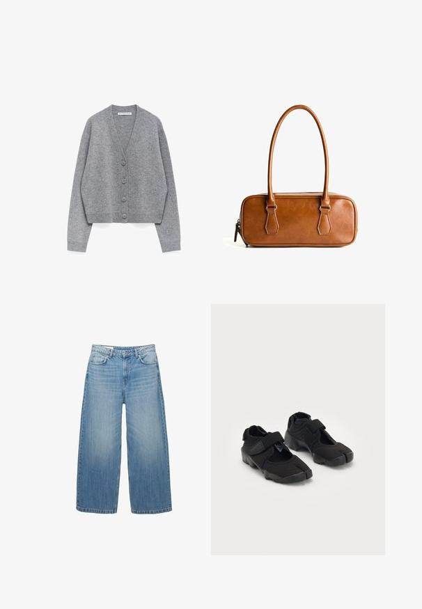 Grijze knoopcardigan met lange mouwen, geribde mouwen en zoom, en een V-hals.; PULL&BEAR Top - white; Lichtblauwe wijde jeans van denim, met een klassieke vijf-pocketontwerp en een knoopsluiting. Verbleekte textuur overal.; Zwarte waterschoenen gemaakt van flexibel materiaal met een klittenbandsluiting, met een unieke gesplitste te ontwerpen en een rubberen zool met textuur voor grip.; Bruine leren handtas met twee lange hengsels, rechthoekige vorm, gladde textuur, ritssluiting en accenten van zilverkleurig beslag.
