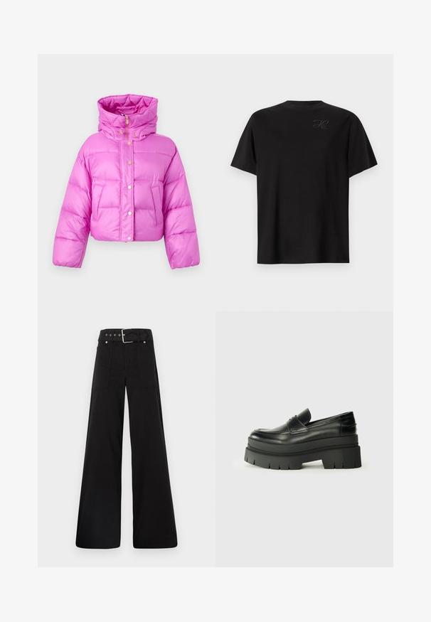 Trumpas rožinis pūkinis švarkas su aukštu apykakle, priekiniais spaudėmis ir blizgiu paviršiumi; turi dvi šonines kišenes ir gobtuvą.; Juodas medvilnės marškinėliai, su apvalia kaklo iškirpte, trumpomis rankovėmis, ant viršutinio kairiojo šono esantis mažas, toninis logotipas. Sklandžios tekstūros.; Juodos plačios kojų kelnės, pagamintos iš medvilnės, su aukšta liemene, didelėmis šoninėmis kišenėmis ir diržu, papuoštu sidabriniais akcentais.; Juodos odinės loafers tipo bateliai su masyviu platformos padu. Suapvalintas pirštas, priekinė siuvimo detalė ir subtilūs siuvinėjimo akcentai. Lygus, tekstūruotas padas.