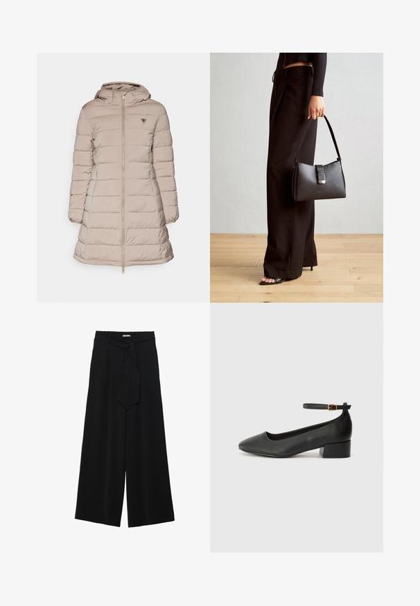 Guess NEW ALETA LONG PUFFER JACKET - Geacă - weathered grey; Tricou lung cu mânecă, gri cu dungi, cu guler rotund și croială lejeră. Dungile verticale în gri deschis contrastează cu textura mai închisă a materialului.; Pantaloni largi negri dintr-un material texturat, cu un tiv elastic și o panglică detașabilă la talie pentru un fit ajustabil.; Pantof cu toc negru din piele, cu vârf ascuțit și toc mic pătrat. Dispune de o curea la gleznă cu o cataramă în tonuri de aur. Textură netedă.; Genți negre cu o formă structurată, textură netedă și un închizător metalic. Asortată cu pantaloni negri largi și sandale cu vârf deschis pe un podea din lemn.