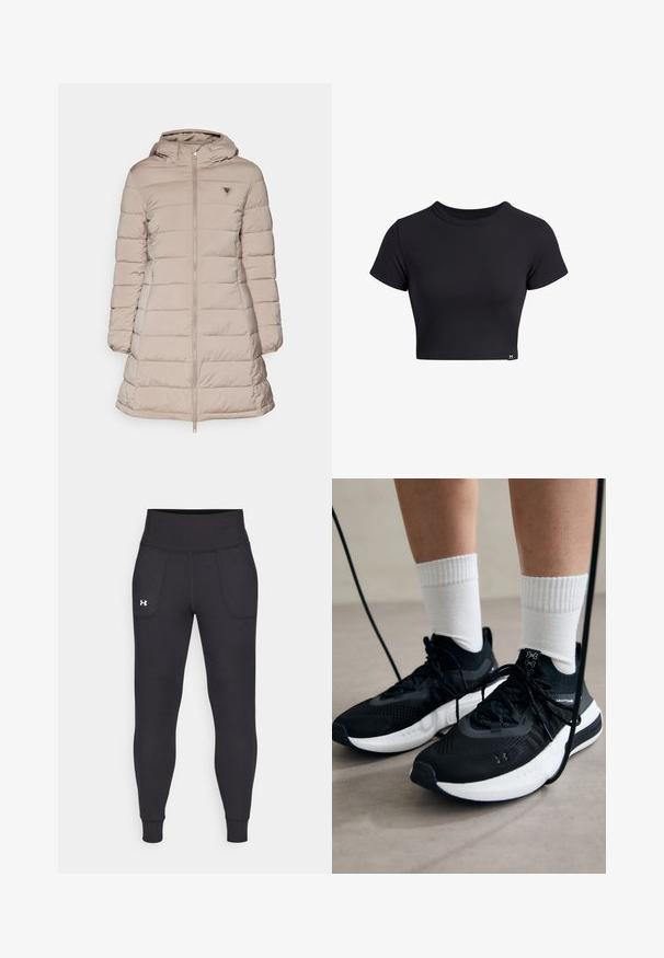 Guess NEW ALETA LONG PUFFER JACKET - Zimski plašč - weathered grey; Črni rebrasti kratkosrajčni crop top z okroglo izrezom. Ima prilegajoč dizajn in majhno oznako na dnu levo.; Črne atletske legice iz raztegljivega materiala, ki imajo visok pas, stranske žepke in tesne manšete pri gležnjih.; Črne športne čevlje z strukturirano tkanino, belo podplatom in črnimi vezalkami. Nosi se z belimi rebrastimi nogavicami, stoje na svetli površini.