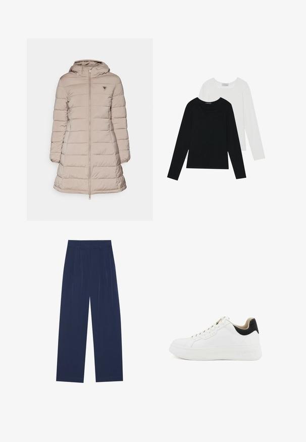 Guess NEW ALETA LONG PUFFER JACKET - Wintermantel - weathered grey; Twee shirts met lange mouwen, één zwart en één wit, beide met een vierkante halslijn en gemaakt van zacht, rekbaar materiaal.; Navyblauwe wijde broek van zachte stof, voorzien van voorplooien, een gladde textuur en een rechte pasvorm zonder zichtbare zakken.; Witte leren sneakers met een zwarte suede hak. Kenmerkt zich door een ronde neus, platte rubberen zool en een vetersluiting met reliëfbranding.