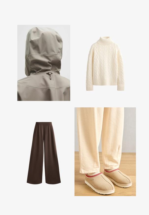 Lichtbeige waterdichte jas met een aangesloten capuchon, elastische trekkoord en een gladde textuur. Naaddetails op de achterkant.; Crèmekleurige coltrui met kabelbreipatronen, geribbelde manchetten en een brede zoom. Gemaakt van zachte, gestructureerde stof.; Wijdvallende broek in een eentonige donkerbruine kleur, met een gladde textuur, hoge taille en voorplooien voor extra ontwerpdetaillering.; Tansuède klompen met een rode decoratieve rand en een witte rubberen zool, gecombineerd met lichtbeige broeken, geplaatst op een houten vloer.