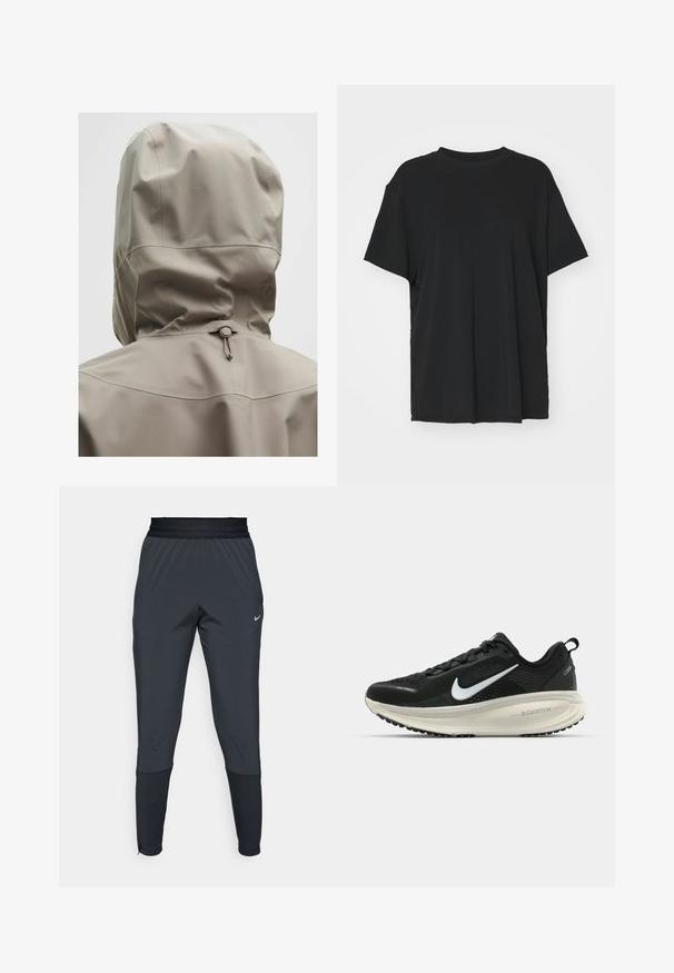 Vaaleanbeige vedenpitävä takki, jossa on istuva huppu, elastinen kiristysnarua ja sileä pinta. Saumadetaileja selässä.; Musta lyhythihainen t-paita, joka on valmistettu sileästä kankaasta. Paidan muotoilu on pyöreä kaula-aukko ja väljä istuvuus. Lisämukavuutta ja hengittävyyttä lisäävät sivuhalkiot.; Nike urheiluhaalareita tummanharmaana, joissa on kapeneva lahjesuunnittelu, joustava vyötärö ja korostedetaileja lahkeiden läheisyydessä.; Mustat Nike-juoksukengät, joissa on hengittävä verkko-osa, valkoinen swoosh-logo, teksturoitu yksityiskohtaus ja kermaisen värinen ZoomX-välipohja.