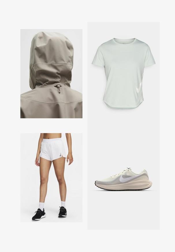 Lys beige vandtæt jakke med en tætsiddende hætte, elastisk snøre og glat overflade. Sømdetaljer på ryggen.; Lys grønt kortærmet atletisk skjorte med rund hals. Har et hvidt Nike-logo på fronten og en buet kant. Glat tekstur.; Hvide atletikshorts med ribbet taljebånd, sideslids og sort Nike-logo. Båret med sorte sneakers og hvide crew-sokker.; Sneakers med en lys grå mesh-overdel, hvid Nike swoosh, polstret mellemsål, slankt design og sort gummisål med mønster.