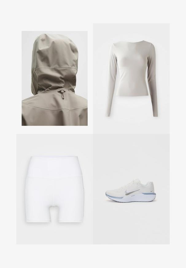 Giacca impermeabile beige chiaro con cappuccio aderente, cordino elastico e texture liscia. Dettagli delle cuciture sul retro.; Maglione grigio chiaro a maniche lunghe realizzato in tessuto lucido e morbido, con scollatura rotonda e silhouette aderente. Orlo leggermente svasato sul fondo.; Pantaloni corti bianchi a vita alta realizzati in tessuto elasticizzato. Presentano una texture liscia e un design aderente, senza ulteriori motivi o accessori.; Scarpa atletica bianca con tomaia in rete testurizzata, dettagli argentati e suola azzurro chiaro. Presenta lacci rotondi e tallone ammortizzato.