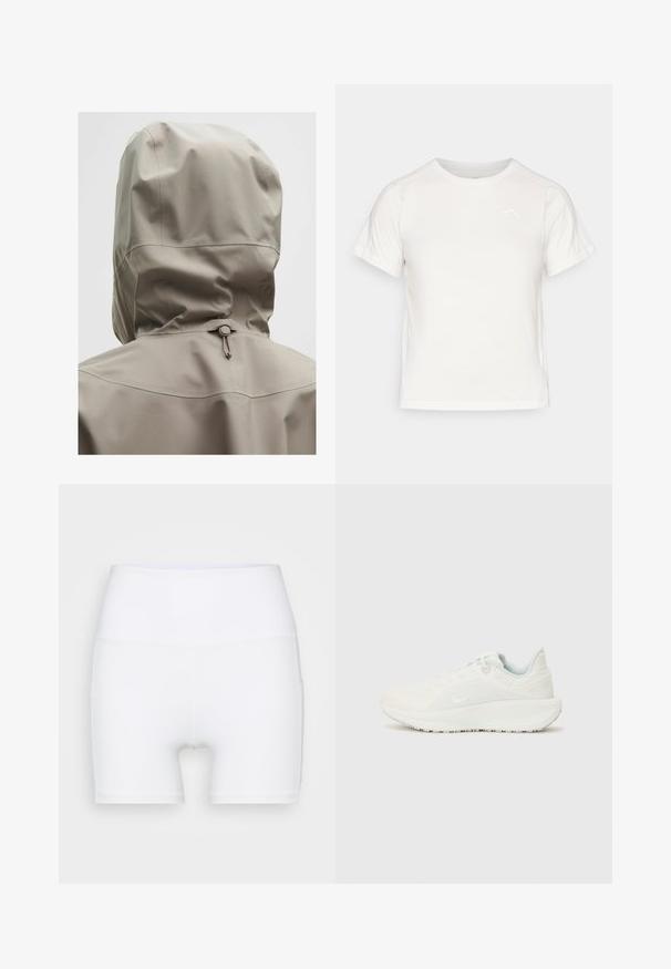 Jasno beżowa wodoodporna kurtka z dopasowaną kapturem, elastycznym sznurkiem ściągającym i gładką fakturą. Szwy zdobiące tył.; Lekka biała koszulka z krótkim rękawem, okrągłym dekoltem i małym logo w lewym górnym rogu. Gładki materiał o subtelnej połysku.; Białe szorty z wysokim stanem wykonane z elastycznej tkaniny. Charakteryzują się gładką teksturą i dopasowanym krojem, bez dodatkowych wzorów czy elementów metalowych.; Białe buty sportowe z teksturowaną cholewką, wyściełanym kołnierzem i zapięciem na sznurówki. Wyposażone w zakrzywioną podeszwę i subtelne oznakowanie po bokach.