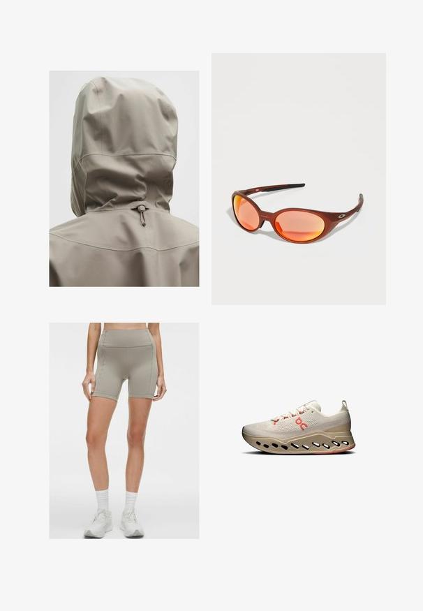 Lys beige vandtæt jakke med en tætsiddende hætte, elastisk snøre og glat overflade. Sømdetaljer på ryggen.; Sort langærmet cropshirt parret med tætsiddende mørkegrå leggings. Toppen har et enkelt design, mens leggingsene har sidesømme og en glat overflade.; lululemon SWIFT SPEED HIGH-RISE 15CM - Korte løbetights - warm ash grey; Lys beige sportsko med en struktureret overdel, røde detaljer og en innovativ sål med udskæringer for åndbarhed og støddæmpning.; Røde solbriller med ovale linser og orange-reflekterende belægning. Har en slank, let plastisk stel og sorte detaljer på stængerne.; Silke kvadratisk tørklæde med et levende abstrakt mønster i rød, pink og grøn, kantet med en dyb bordeaux trim.
