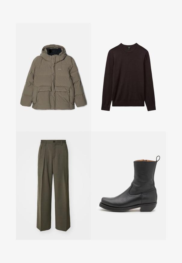 Holzweiler DOVRE JACKET - Piumino - taupe; Reiss Maglione - dark bordeaux; Filippa K WIDE TROUSERS - Pantaloni - driftwood; Stivale alla caviglia in pelle nera con una texture liscia, profilo snello, cuciture laterali e un tacco quadrato basso. Presenta un pratico lacciolo sul retro.