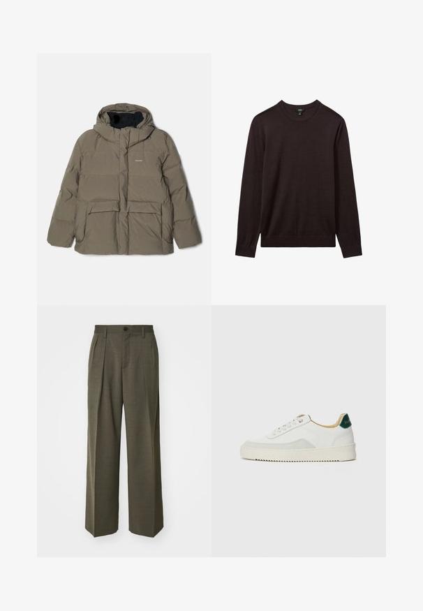 Holzweiler DOVRE JACKET - Tollkabát - taupe; Reiss Pulóver - dark bordeaux; Filippa K WIDE TROUSERS - Nadrágok - driftwood; Fehér sneaker suédé részletekkel, kerek orral, lapos fűzőkkel és krémszínű gumitalppal. Zöld logó található a sarkán.