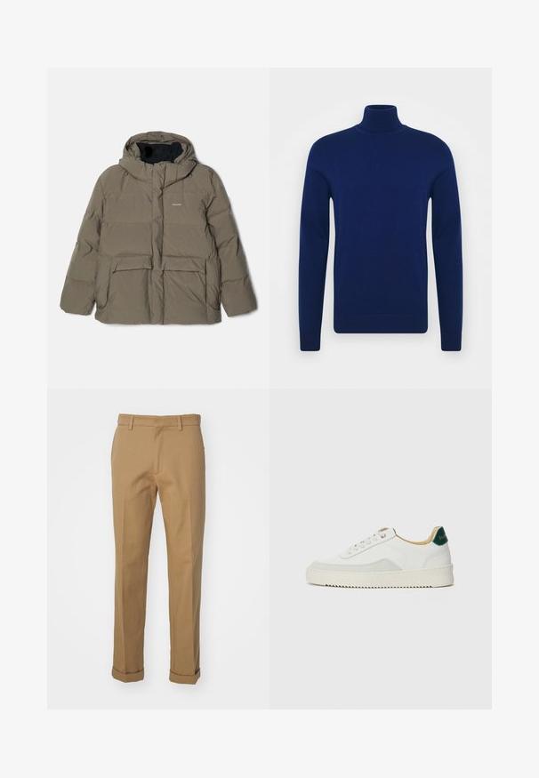 Holzweiler DOVRE JACKET - Daunenjacke - taupe; Dunkelblauer Rollkragenpullover aus glattem Strickstoff. Lange Ärmel und enganliegendes Design mit gerippten Akzenten am Kragen und Saum.; Braune Baumwollhosen mit geradem Schnitt, unter anderem mit umgeschlagenem Saum, zwei Vordertaschen und einer glatten Textur.; Weiße Sneaker mit Wildlederelementen, runder Zehenpartie, flachen Schnürsenkeln und einer cremefarbenen Gummisohle. Mit grünen Markenlogo am Fersenbereich.
