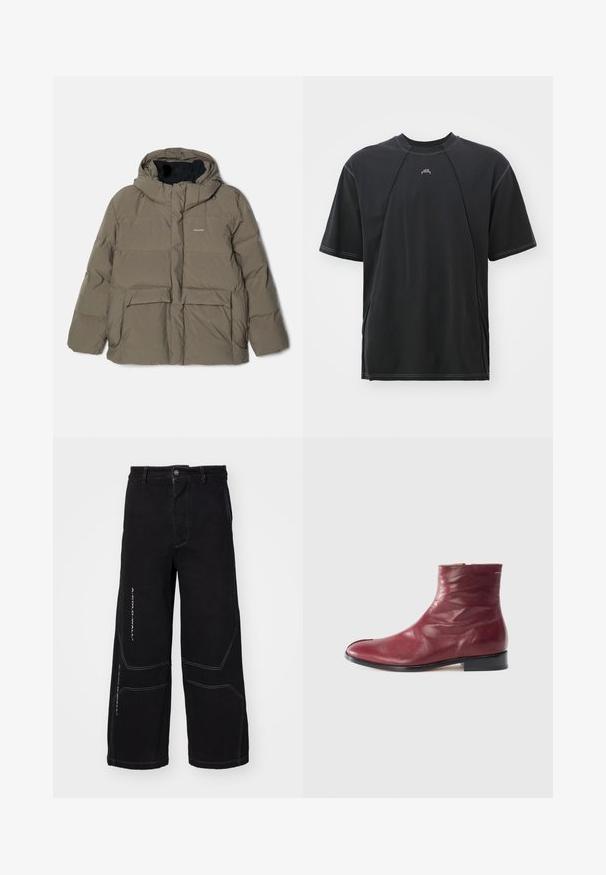 Holzweiler DOVRE JACKET - Pūkinė striukė - taupe; Juodas trumpų rankovių marškinėliai suapvalintu kaklu, su kontrastinėmis siūlėmis ir mažu logotipu ant krūtinės. Pagaminti iš minkštos medvilnės medžiagos.; Juodi plačios kojos džinsai, pagaminti iš džinsinio audinio, su kontrastingomis baltomis siūlėmis ir geometrinėmis detalėmis. Priekyje užsegamas mygtuku su kišenėmis.; Bordo odiniai aulinukai su lygia tekstūra, šonu užtrauktukas, apvaliu nosiu ir žemu juodu kulnu, turi subtilių raukšlių ir minimalų siuvimą.