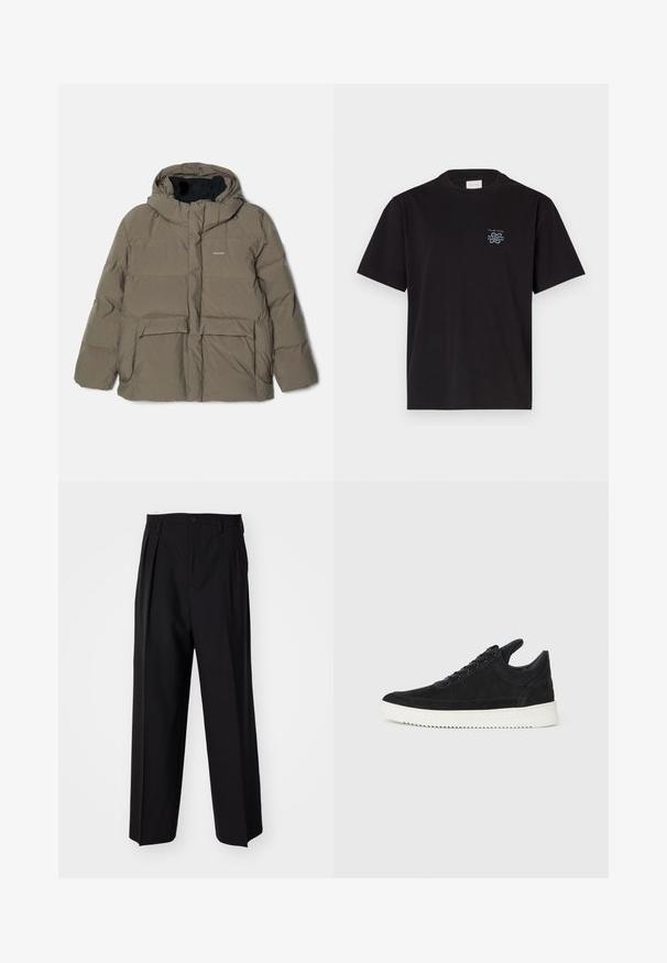 Holzweiler DOVRE JACKET - Down jacket - taupe; Black cotton t-shirt with a crew neck and short sleeves. Features a small blue logo on the left chest. Simple, straight-cut design.; Black pleated trousers with a straight, wide-leg design. Made from smooth fabric, featuring a button closure and belt loops.; Black suede sneaker with a white rubber sole, featuring tonal stitching and lace-up design. Smooth texture with a modern, streamlined shape.