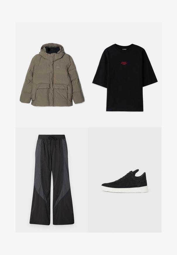 Holzweiler DOVRE JACKET - Piumino - taupe; T-shirt in cotone nero con maniche corte e colletto tondo. Caratterizzato da una grafica rossa "SNAKE CHARMER" sul petto.; Han Kjøbenhavn PANELLED TRACK TROUSERS - Pantaloni sportivi - anthracite black; Sneaker in suede nero con suola in gomma bianca, caratterizzato da cuciture tonali e design con lacci. Texture liscia con una forma moderna e aerodinamica.