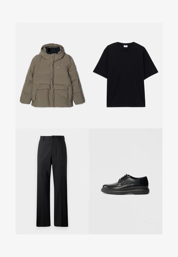 Holzweiler DOVRE JACKET - Down jacket - taupe; Black short-sleeve oversized T-shirt with round neckline and visible Filippa K brand label inside the collar.; Black straight-leg trousers with belt loops, front button, and zipper closure, displayed against a plain white background.; Black leather lace-up Oxford shoe with thick sole and "WATERMAN" embossed on side, shown in profile on light gray background.